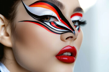 Futuristic Vision: Woman with Dynamic Face Paint in Red, Black, and White Tones