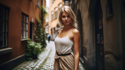 Obraz na płótnie Canvas Beautiful young Scandinavian woman with a curvaceous figure, exploring the historic alleys of the old town.