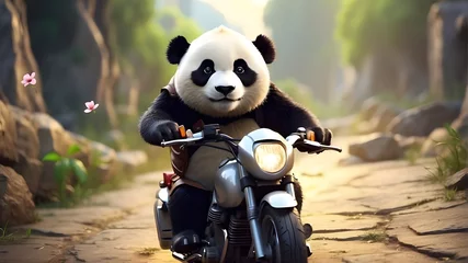 Foto auf Leinwand Decisive Panda Riding a Motorcycle: An Unsteady and Exciting Adventure - Funny Animal Scene © Ashan