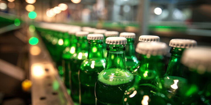A closeup of green bottles with green cap on the production line in an industrial factory, green bottle alcohol 