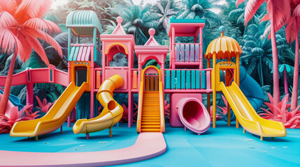 A colorful playground with a pink castle and a blue slide in the beautiful park. The playground is colorful, giving it a fun and playful atmosphere