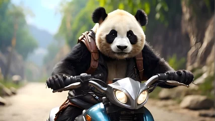 Raamstickers Decisive Panda Riding a Motorcycle: An Unsteady and Exciting Adventure - Funny Animal Scene © Ashan