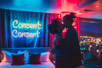 A couple kissing in a hotel room, in the background, a neon banner with the word "Consent". Generative Ai.