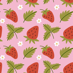Modern abstract seamless strawberry pattern with leaves, branches and flowers. Contemporary botany art print.