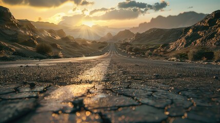 Empty old paved road in mountainous area at sunset - Powered by Adobe