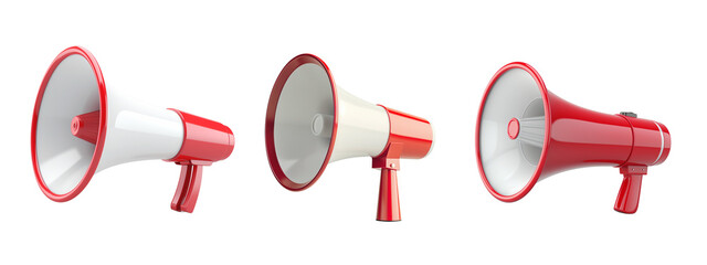 Red and White Megaphones Isolated on Transparent Background, cut out. PNG