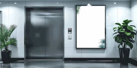 White blank digital advertising screen in an elevator with stainless steel door, A blank white billboard on white wall, Mock up Billboard Media Advertising Poster banner template