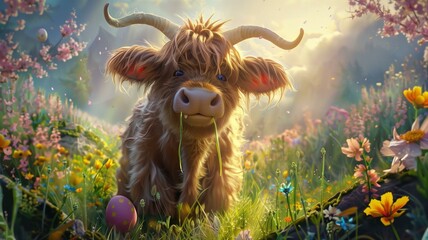A heartwarming illustration captures the whimsical charm of Easter as a Highland cow dons a pair of adorable bunny ears.   