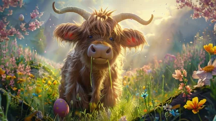 Cercles muraux Highlander écossais A heartwarming illustration captures the whimsical charm of Easter as a Highland cow dons a pair of adorable bunny ears.   