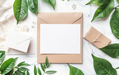 Tropical palm paper with box, envelope and white paper. Flat lay, nature concept, mockup 