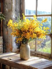 On the table is a flower vase with a bouquet of mimosa. Spring flowers, country composition, still life.