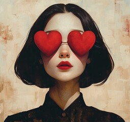 Generative ai portrait of a woman's face with her eyes covered with red hearts