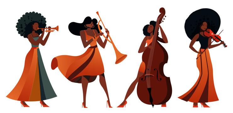 Illustration with different afro women playing instruments. Cartoon flat design