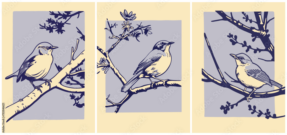 Wall mural Set of different pastel blue sparrow on a branch. Flat, 2d, duotone, vector illustration. Ideal for poster, invitation card, wedding.