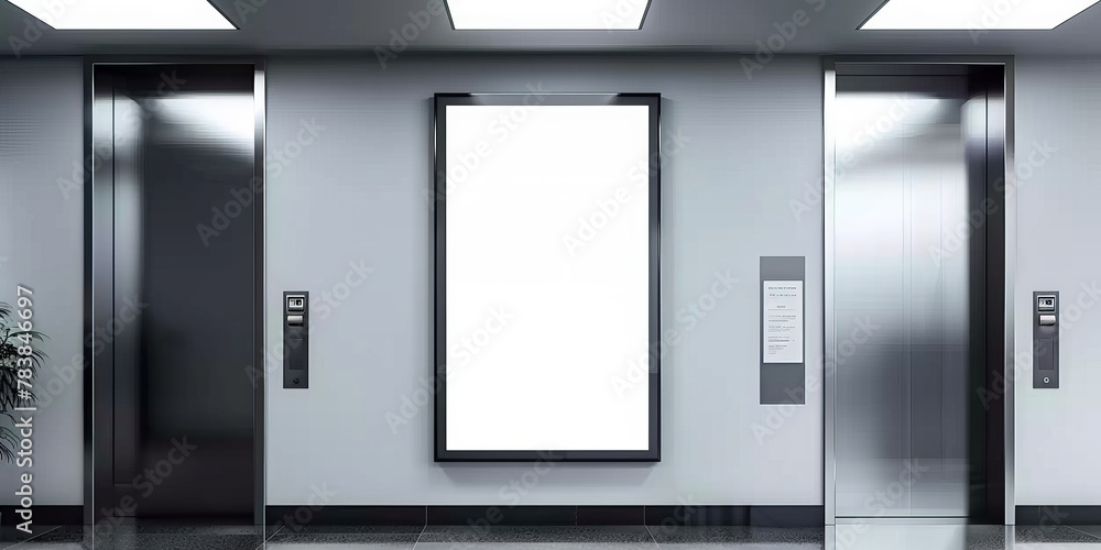 Canvas Prints white blank digital advertising screen in an elevator with stainless steel door, a blank white billb