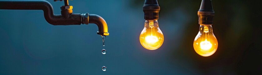 A water tap dripping light bulbs into a brainstorming session, igniting creative sparks, dusk - Powered by Adobe