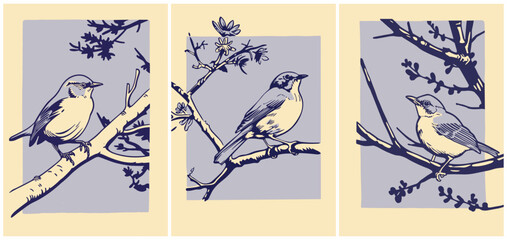 Set of different pastel blue sparrow on a branch. Flat, 2d, duotone, vector illustration. Ideal for poster, invitation card, wedding.