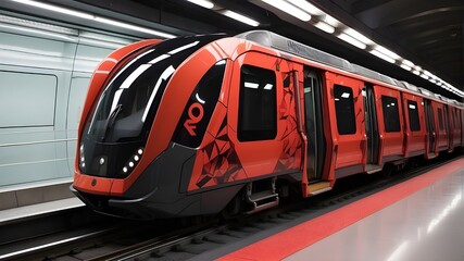 abstract contemporary metro train composed of a red and black polygon network; smart rail; rail data; contemporary rail transportation