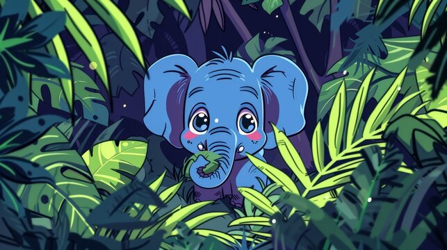   An image of an elephant in the jungle, holding a leaf in its trunk, and a green plant in the foreground