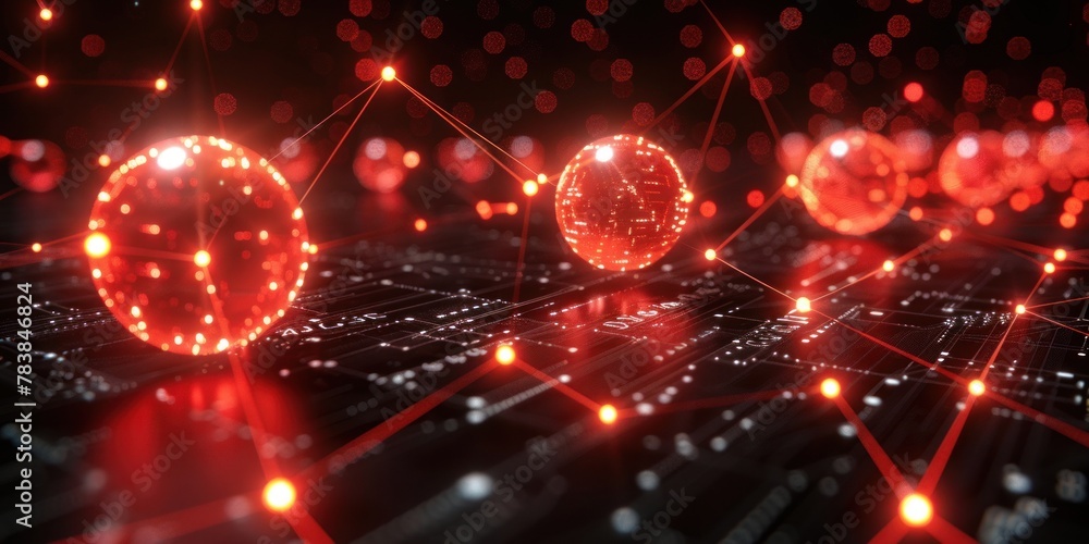Poster glowing red nodes linked by lines on a black background