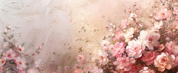 Banner, background, soft pink and white flowers, painted backdrop with texture, light pastel colors, delicate floral pattern, watercolour painting, vintage style.