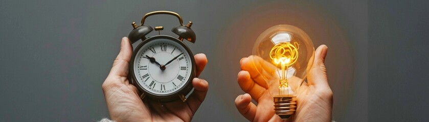 Hands holding a ticking clock and a glowing bulb, merging time and innovation in the thought process