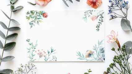 Fototapeta na wymiar Frame of watercolour spring flowers on a white background. Greeting card mockup, copy space.