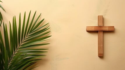 Palm, wooden cross and palm leaves on neutral background with copy space for text. Christianity, faith, religion.