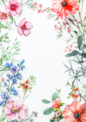 Frame of watercolor spring flowers on a white background. Greeting card mockup, blank wedding invitation, copy space.