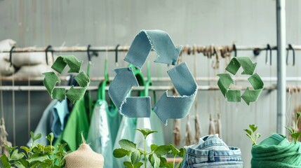 Recycled denim symbol forming a recycle sign with greenery, promoting sustainability and eco-friendly practices - obrazy, fototapety, plakaty