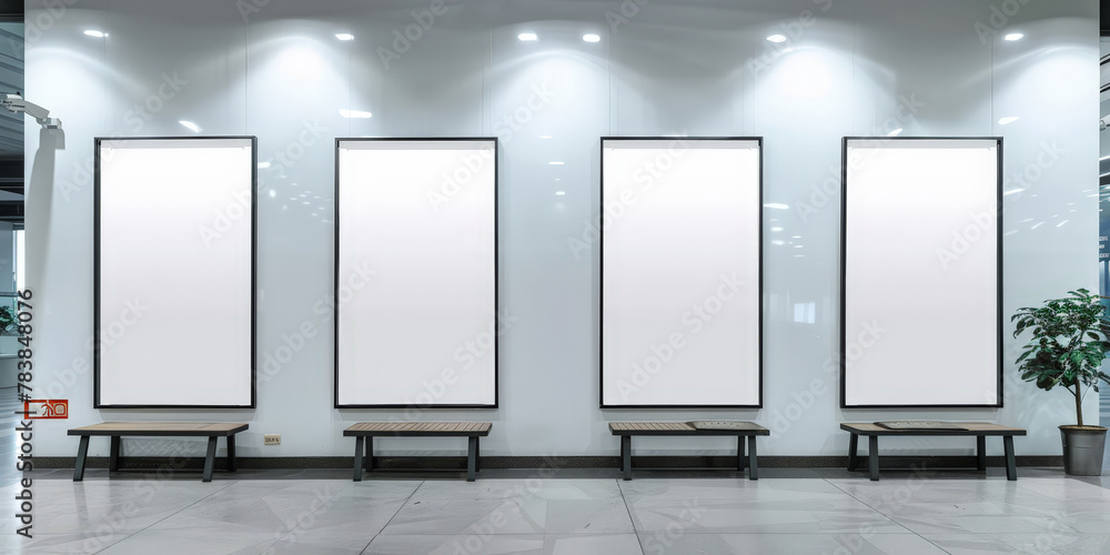 Wall mural empty white blank vertical rectangle frame mockup in airport, a blank white billboard on white wall,