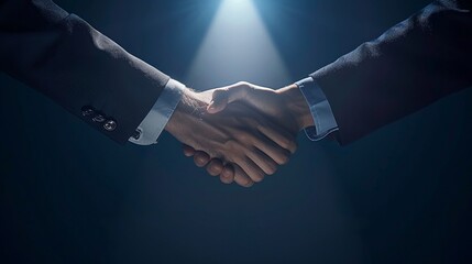 A handshake between business partners illuminated by a spotlight, signifying a successful negotiation and agreement