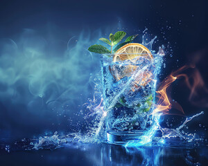 A holographic visualization of an innovative drink in a glowing, animated glass on a dark blue background