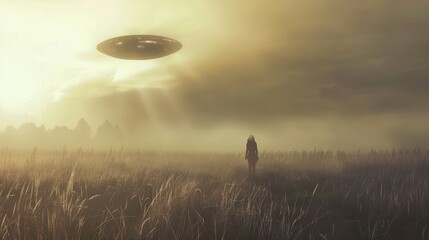 UFO contacts people extraterrestrial abduction Seeing a UFO in the countryside - obrazy, fototapety, plakaty