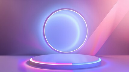 Abstract future game platform stage lighting technology. 3D podium, technology room background, glowing circle product.