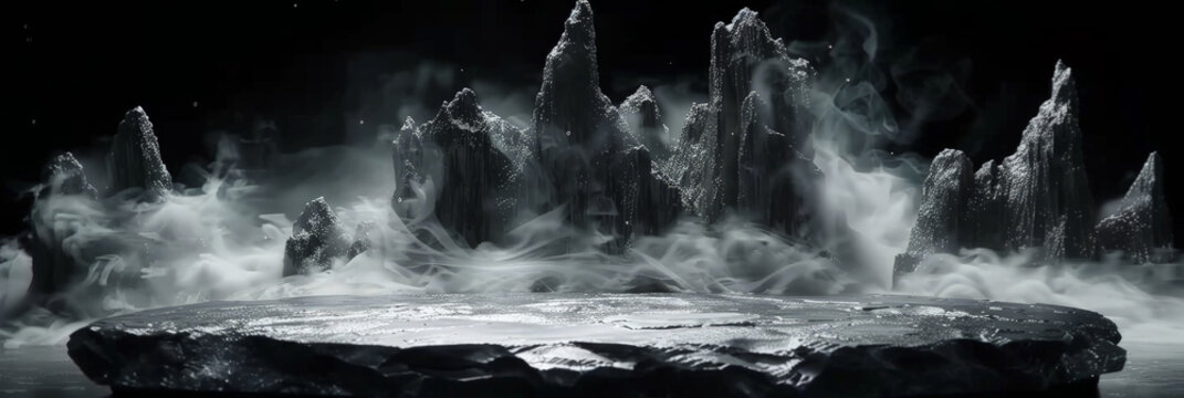 empty black concrete Podium with dark smoke background, empty stone podium table on Dark black background, product presentation	. banner
