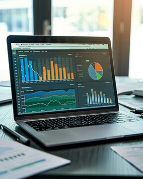 Laptop with data visualization software open, analytical tools and documents on the side, representing business research
