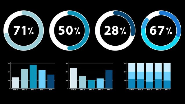 Pie and vertical graphs showing percentage fluctuations are ideal for business and technology holographic illustrations.