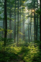 Sunlight filters through dense forest trees, creating a natural spotlight effect
