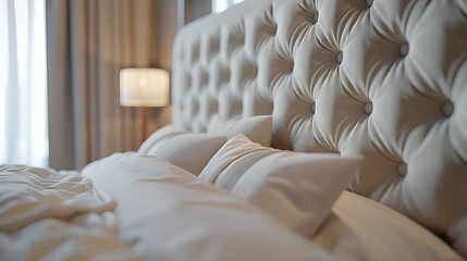 Fototapeta na wymiar Close-up of a tufted headboard in a contemporary bedroom, modern interior design, scandinavian style hyperrealistic photography