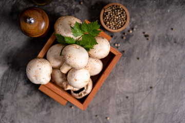 Raw white mushrooms champignons and pepper on grey background for cooking fresh ingredients. free copy space
