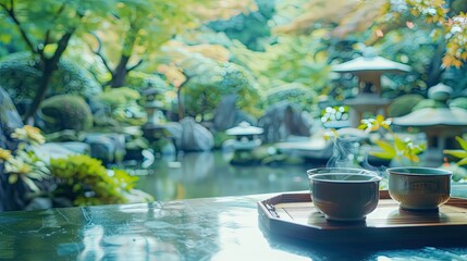 Traditional tea ceremony in a tranquil Japanese garden - obrazy, fototapety, plakaty