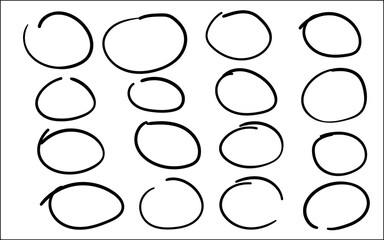 Hand drawn ovals and circles set. Ovals of different widths. Highlight circle frames. Ellipses in doodle style. Set of vector illustration isolated on transparent background.