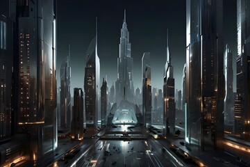 "Explore the endless possibilities of technology with a futuristic cityscape rendered in sleek, metallic tones."
