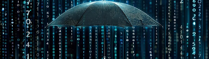 An umbrella open amidst a rain of falling numbers, representing financial protection and risk management in business - obrazy, fototapety, plakaty