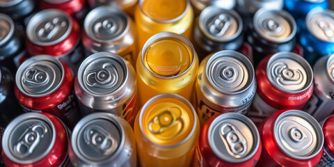 A closeup of cans, cold canned drinks