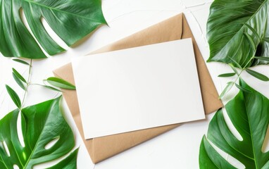 Tropical palm paper with box, envelope and white paper. Flat lay, nature concept, mockup