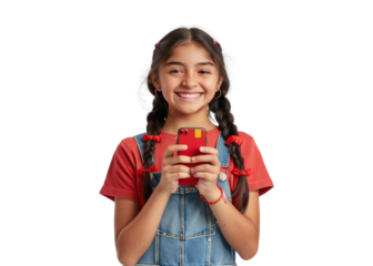 Smiling Girl with Phone on Blank Background