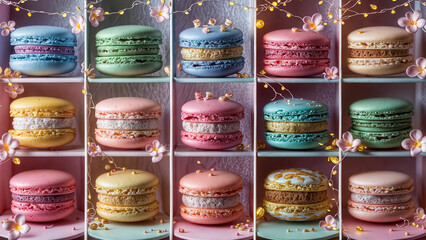 A array of vibrant and intricately designed macarons. Each one showcases a distinct color and...