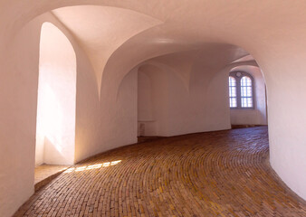 Unique spiral structure of Round Tower, Rundetaarn, interior in Copenhagen, Denmark